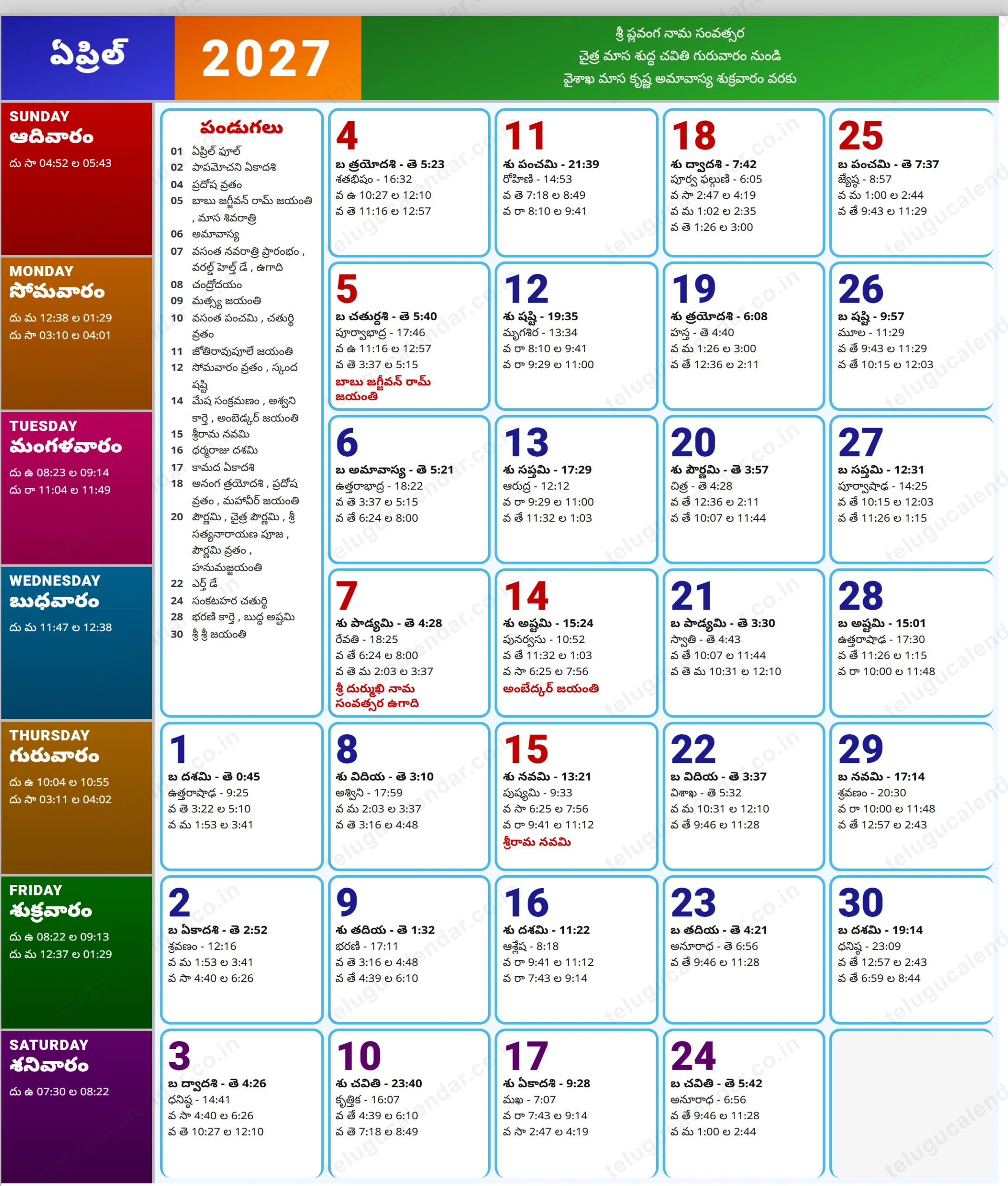 Telugu Calendar 2027 April