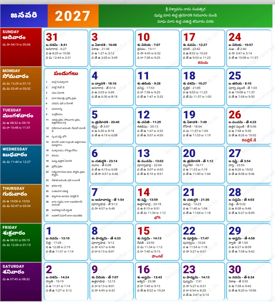 Telugu Calendar 2027