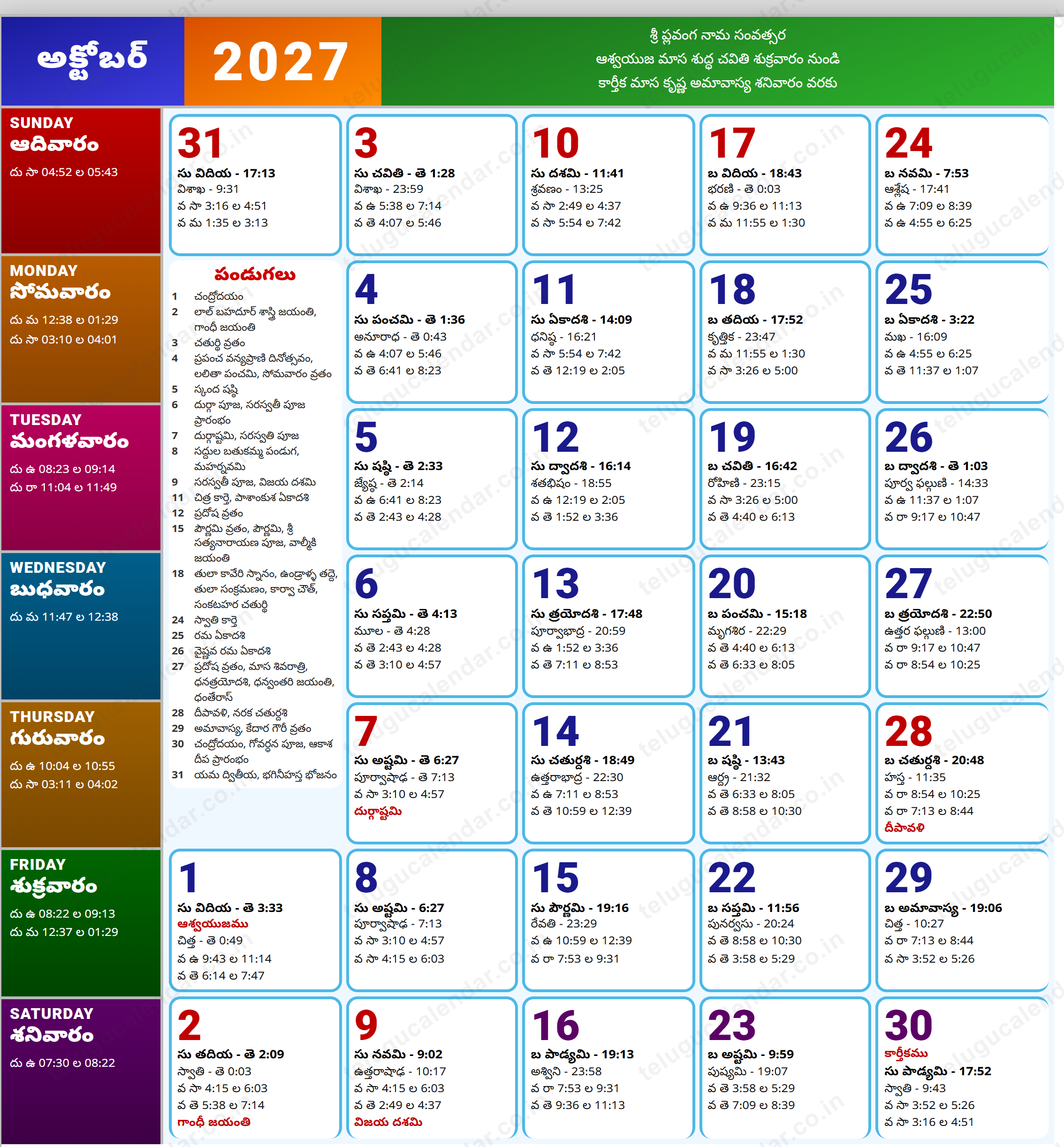 Telugu Calendar 2027 October